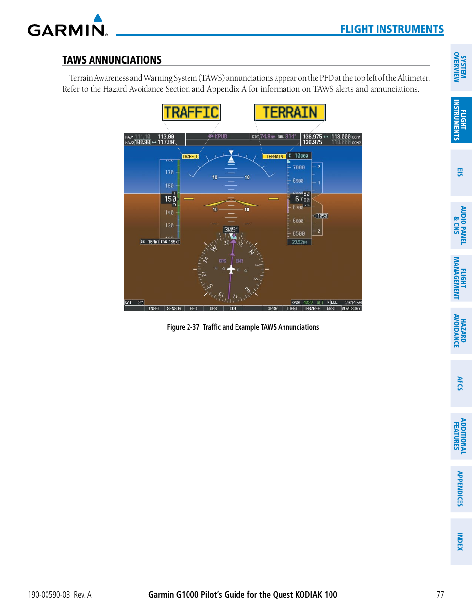 Taws annunciations, Flight instruments | Garmin G1000 Quest Kodiak User Manual | Page 89 / 502