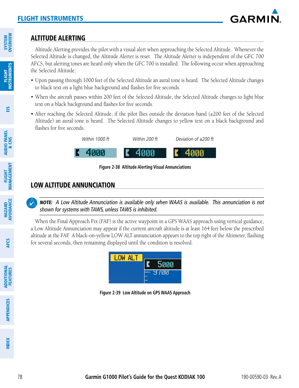 Altitude alerting, Low altitude annunciation, Flight instruments | Garmin G1000 Quest Kodiak User Manual | Page 90 / 502