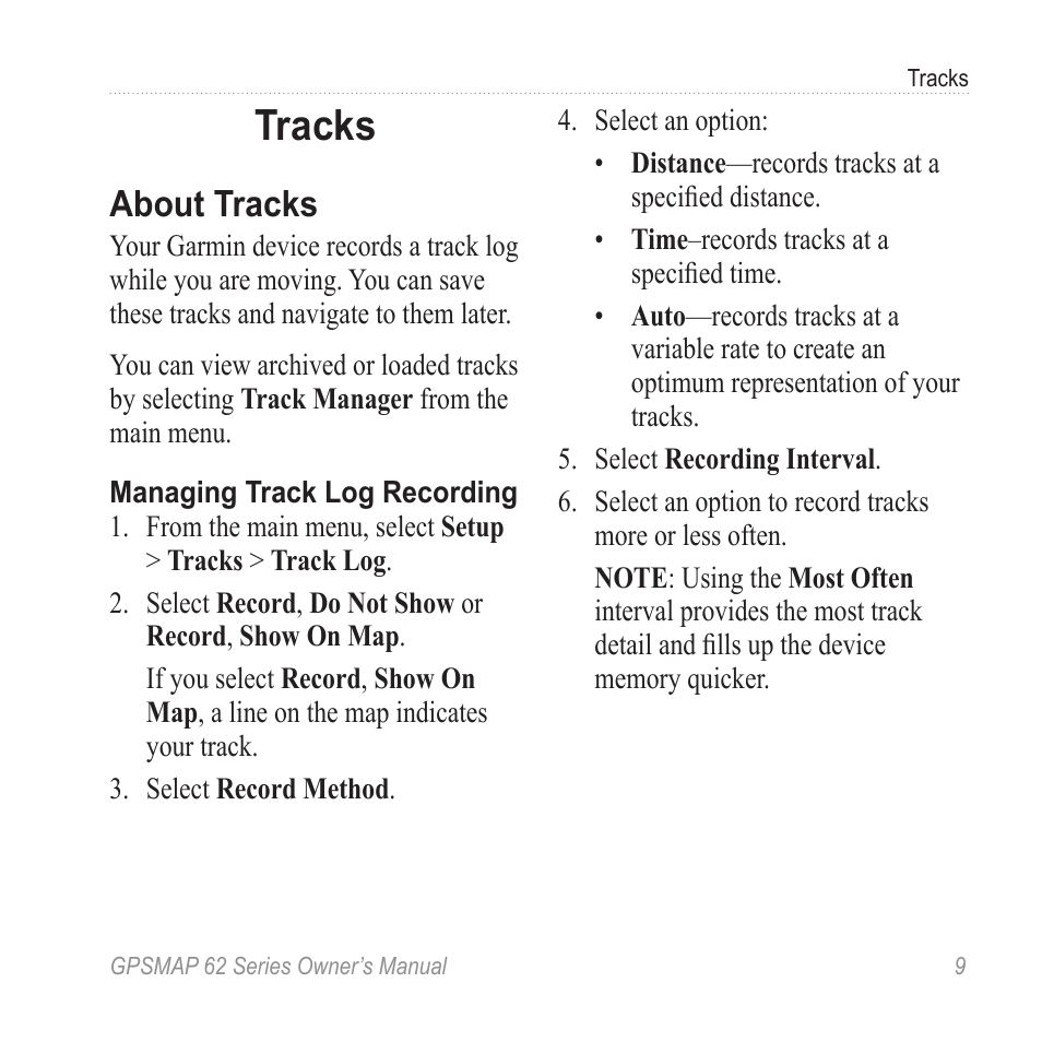 Tracks, About tracks, Record a track | Garmin GPSMAP 62stc User Manual | Page 13 / 60