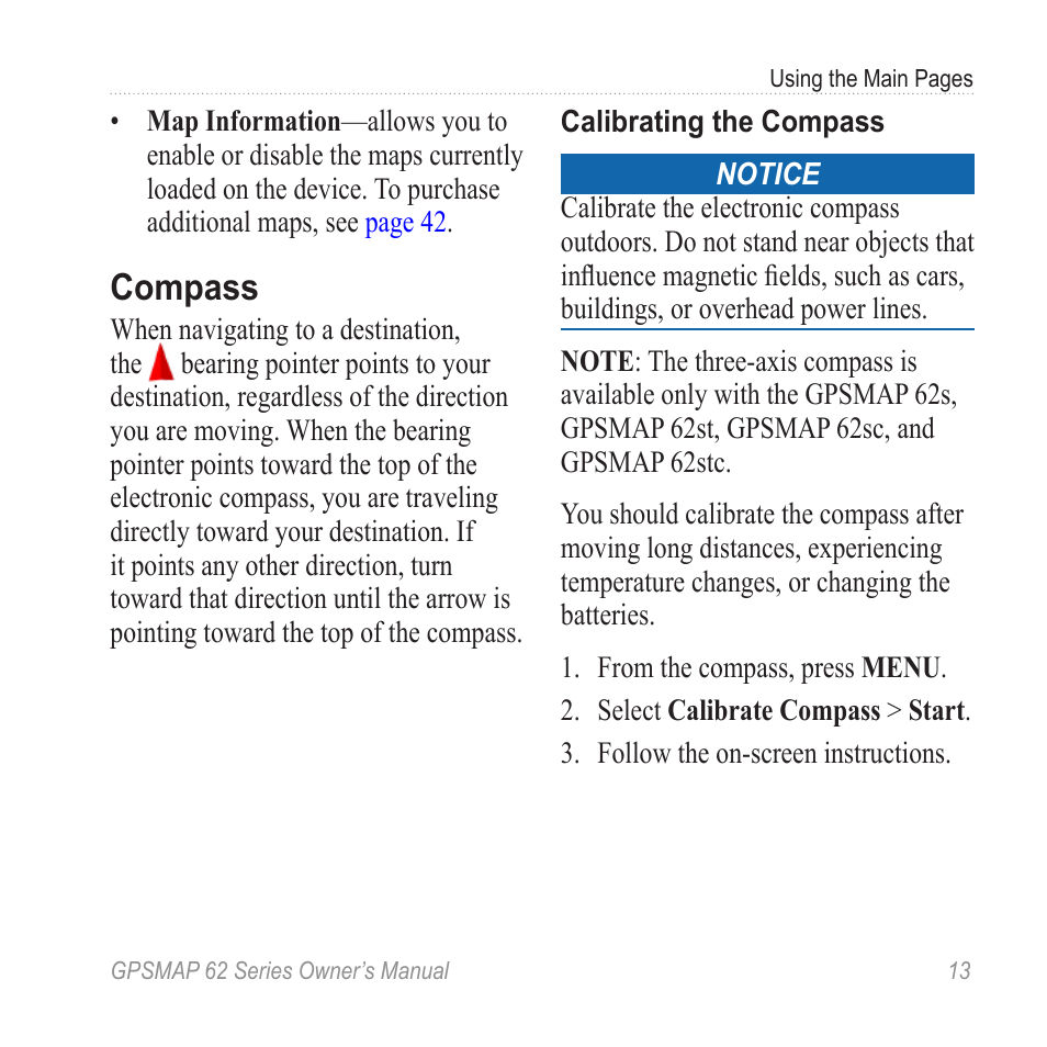 Compass, Calibrate the compass | Garmin GPSMAP 62stc User Manual | Page 17 / 60