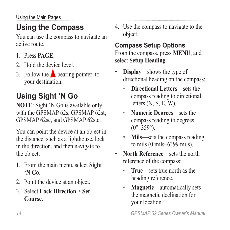 Using the compass, Using sight ‘n go | Garmin GPSMAP 62stc User Manual | Page 18 / 60