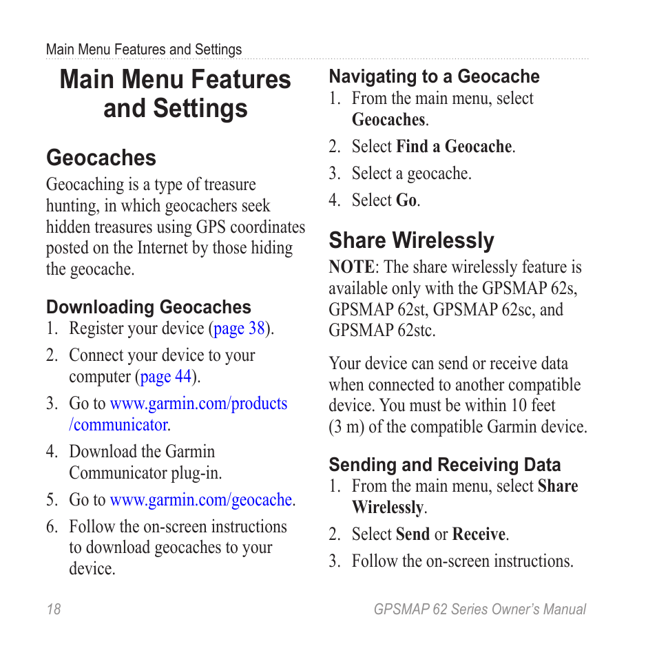 Main menu features and settings, Geocaches, Share wirelessly | Main menu features and, Settings | Garmin GPSMAP 62stc User Manual | Page 22 / 60