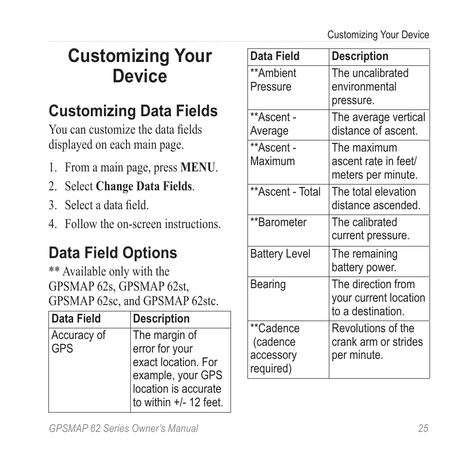 Customizing your device, Customizing data fields, Data field options | Garmin GPSMAP 62stc User Manual | Page 29 / 60