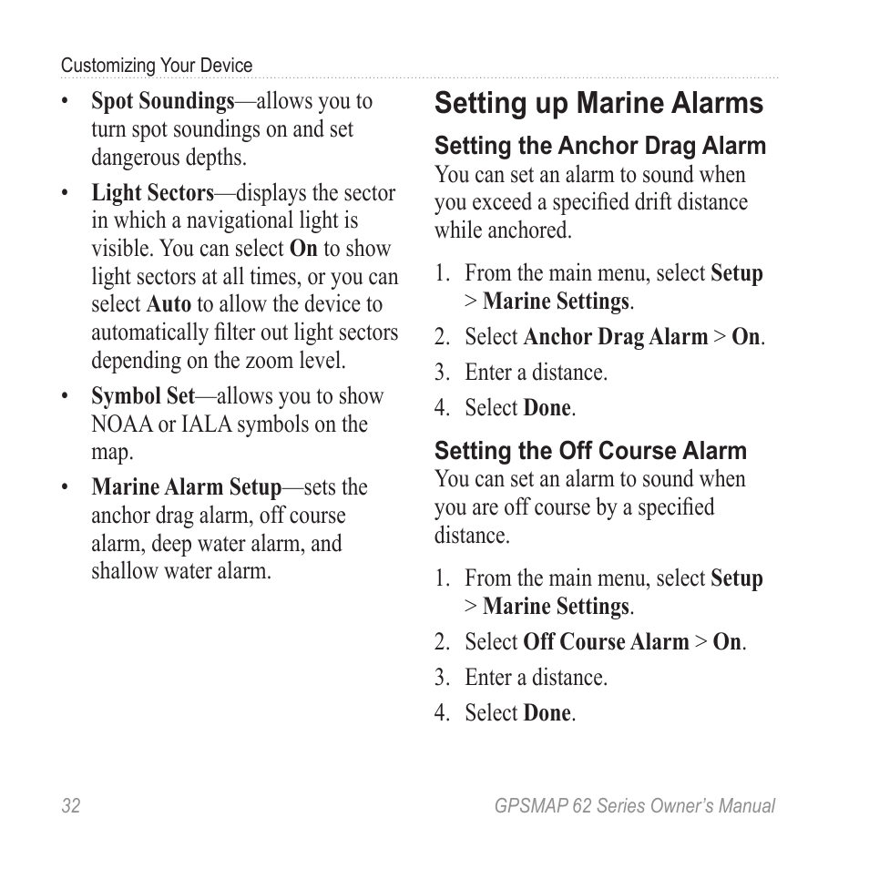 Setting up marine alarms | Garmin GPSMAP 62stc User Manual | Page 36 / 60