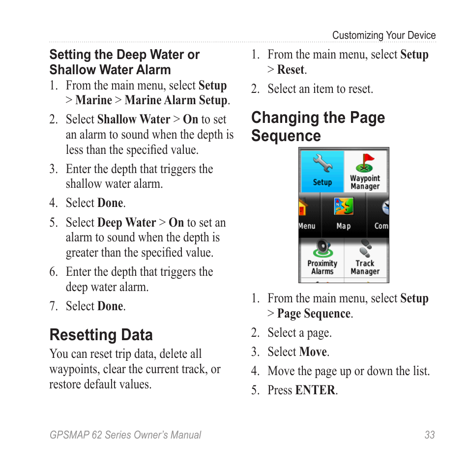 Resetting data, Sequence, Changing the page sequence | Garmin GPSMAP 62stc User Manual | Page 37 / 60