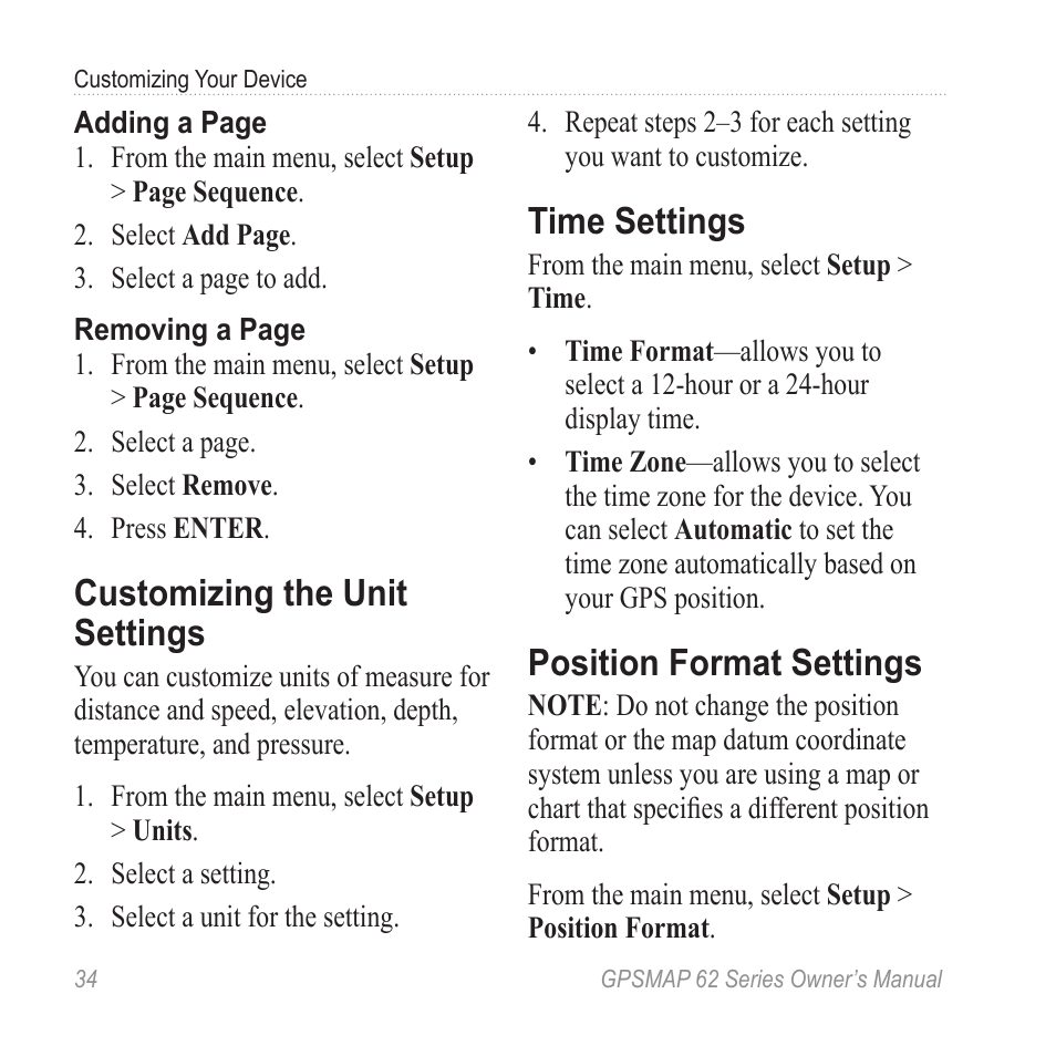 Customizing the unit settings, Time settings, Position format settings | Customizing the unit, Settings | Garmin GPSMAP 62stc User Manual | Page 38 / 60