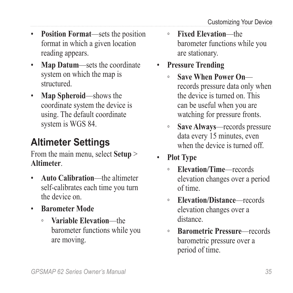 Altimeter settings | Garmin GPSMAP 62stc User Manual | Page 39 / 60