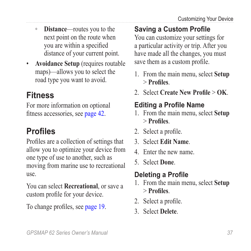 Fitness, Profiles | Garmin GPSMAP 62stc User Manual | Page 41 / 60