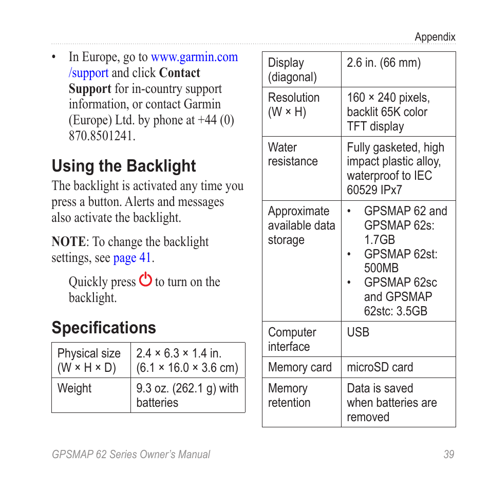 Using the backlight, Specifications | Garmin GPSMAP 62stc User Manual | Page 43 / 60