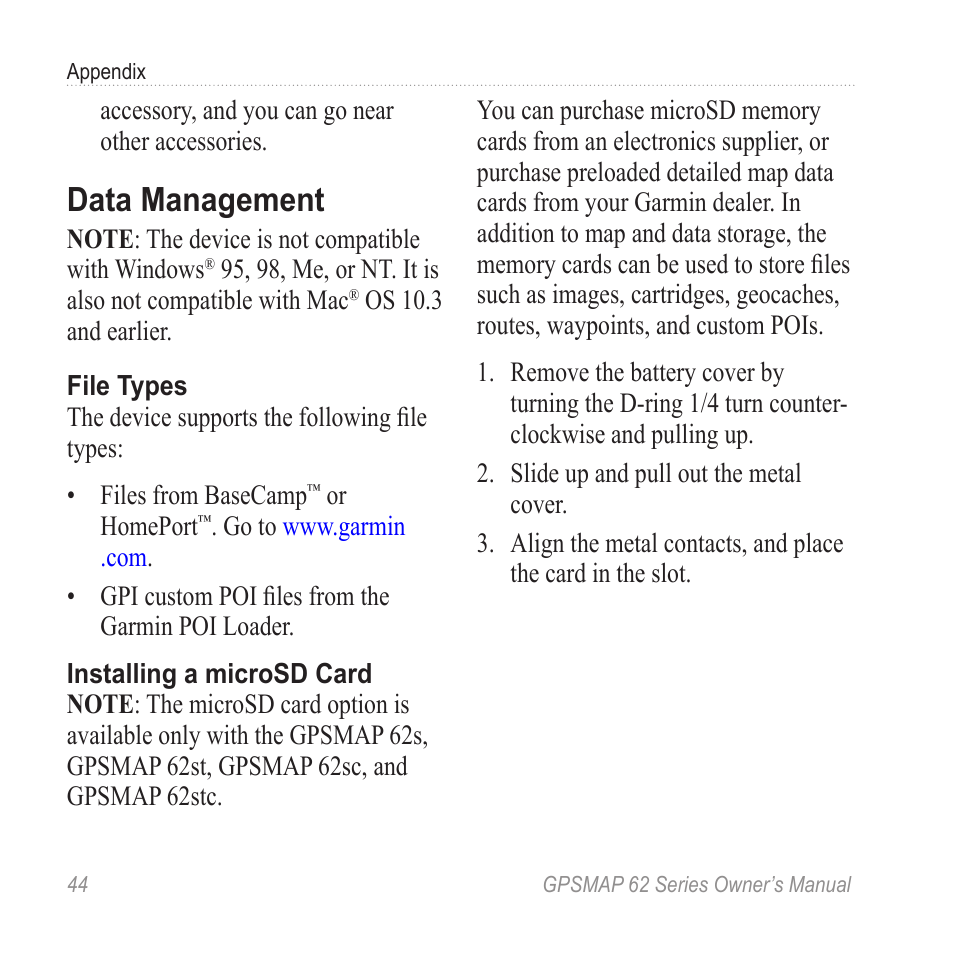 Data management | Garmin GPSMAP 62stc User Manual | Page 48 / 60