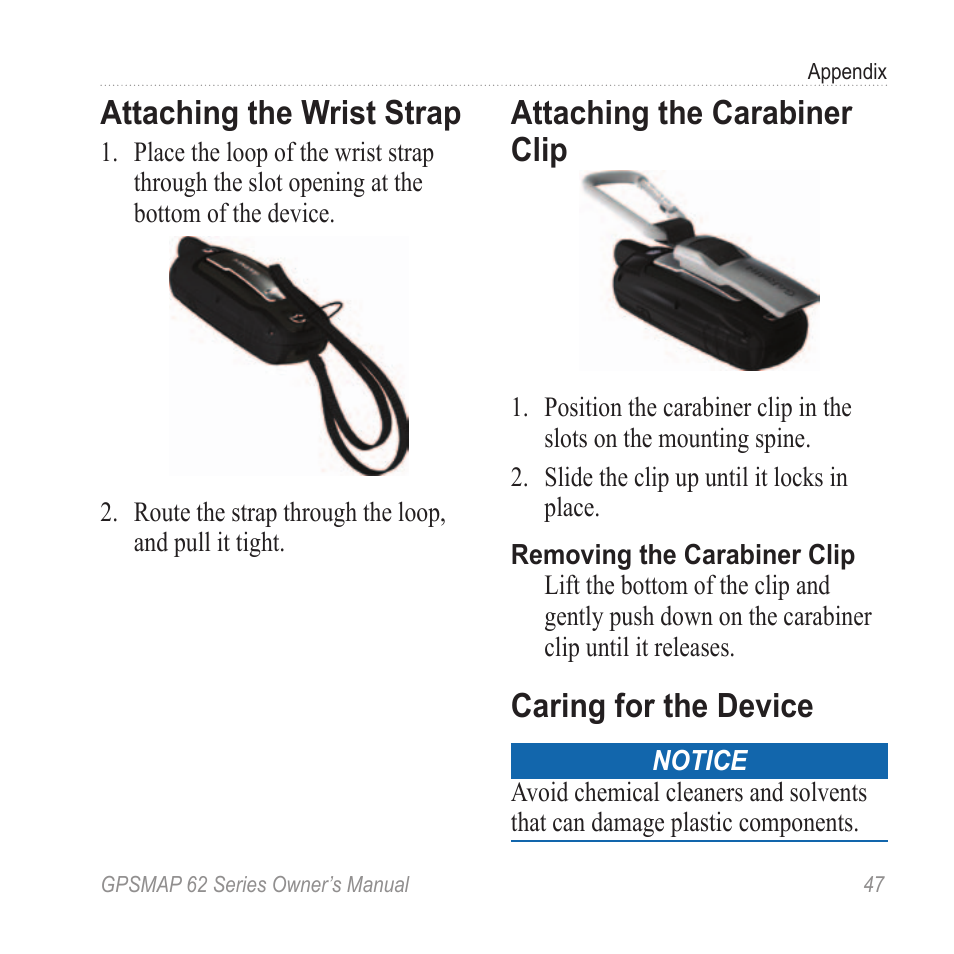 Attaching the wrist strap, Attaching the carabiner clip, Caring for the device | Garmin GPSMAP 62stc User Manual | Page 51 / 60