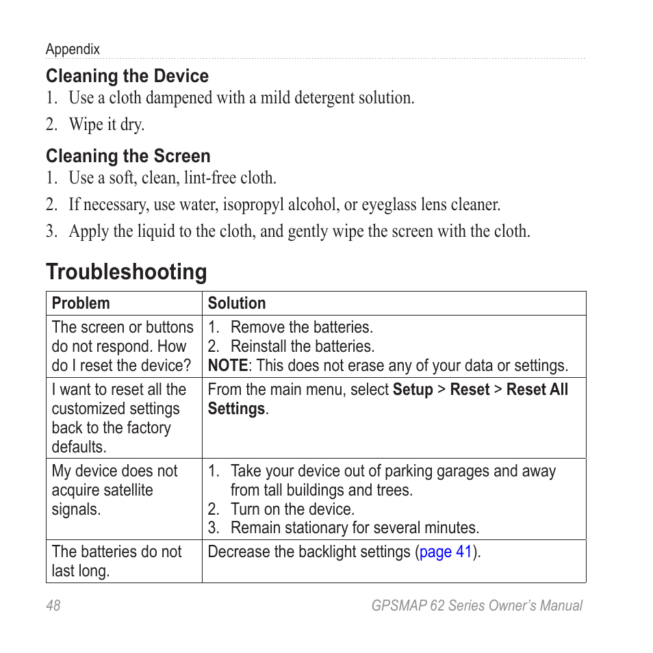 Troubleshooting | Garmin GPSMAP 62stc User Manual | Page 52 / 60