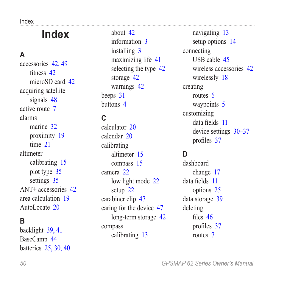 Index | Garmin GPSMAP 62stc User Manual | Page 54 / 60