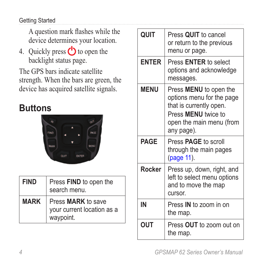 Buttons | Garmin GPSMAP 62stc User Manual | Page 8 / 60