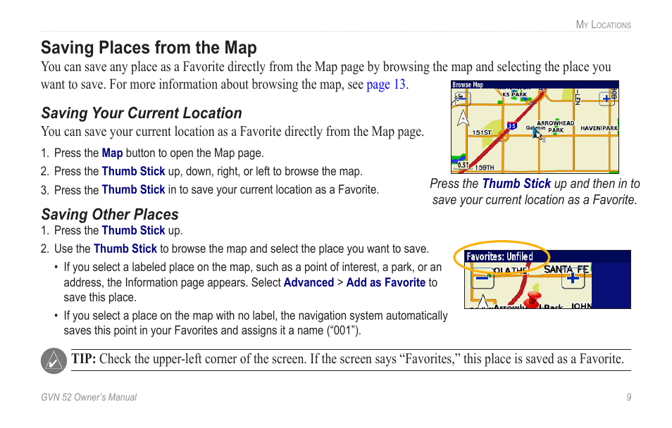 Saving places from the map, Saving.places.from.the.map, Saving your current location | Saving other places | Garmin GVN 52 User Manual | Page 15 / 58