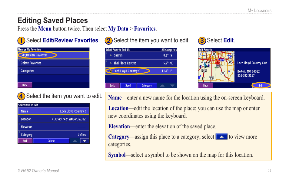 Editing saved places, Editing.saved.places | Garmin GVN 52 User Manual | Page 17 / 58