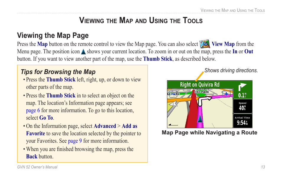 Viewing the map and using the tools, Viewing the map and using the, Tools | Viewing the map page | Garmin GVN 52 User Manual | Page 19 / 58