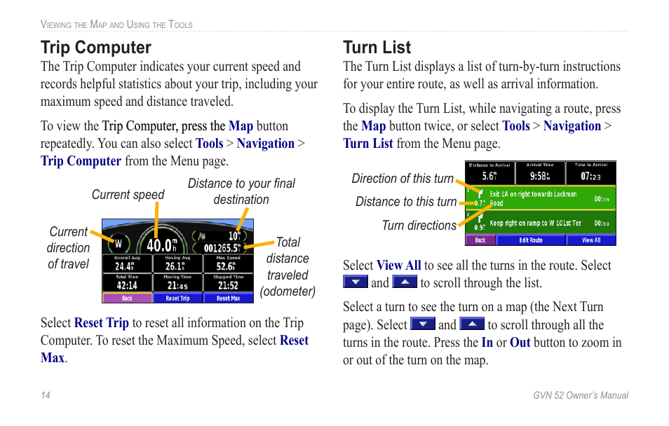 Trip computer, Turn list, Trip.computer turn.list | Garmin GVN 52 User Manual | Page 20 / 58