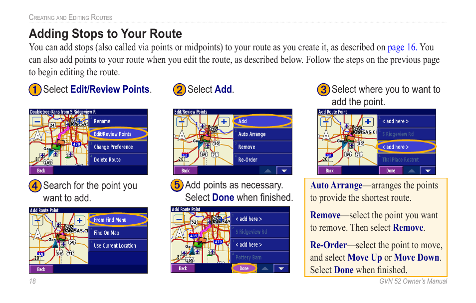 Adding stops to your route, Adding.stops.to.your.route | Garmin GVN 52 User Manual | Page 24 / 58