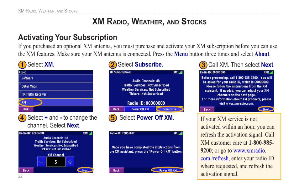 Xm radio, weather, and stocks, Activating your subscription, Xm radio, weather, and | Stocks, Activating.your.subscription, Xm r | Garmin GVN 52 User Manual | Page 28 / 58