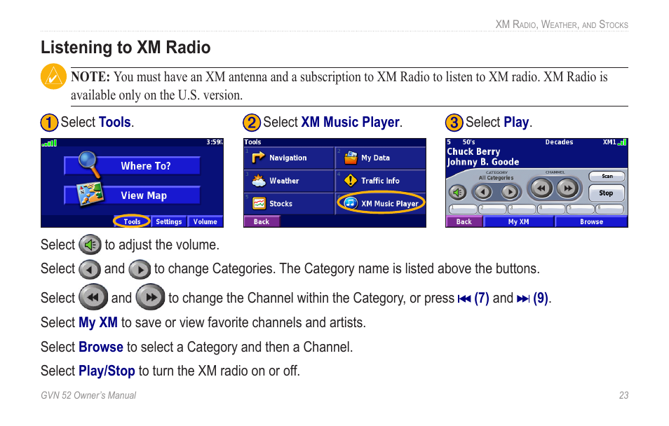 Listening to xm radio, Listening.to.xm.radio | Garmin GVN 52 User Manual | Page 29 / 58