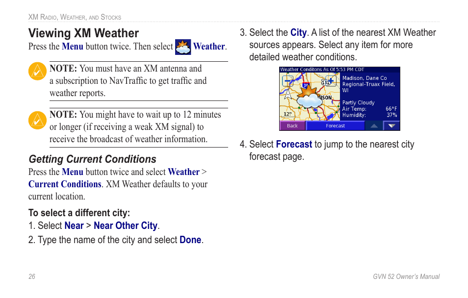 Viewing xm weather, Viewing.xm.weather | Garmin GVN 52 User Manual | Page 32 / 58