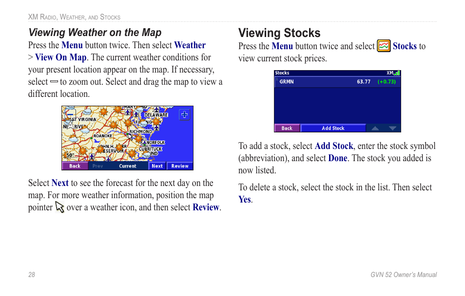 Viewing stocks, Viewing.stocks | Garmin GVN 52 User Manual | Page 34 / 58