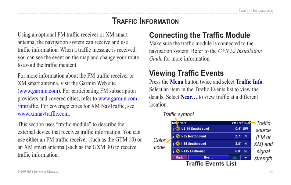 Traffic information, Connecting the traffic module, Viewing traffic events | Garmin GVN 52 User Manual | Page 35 / 58