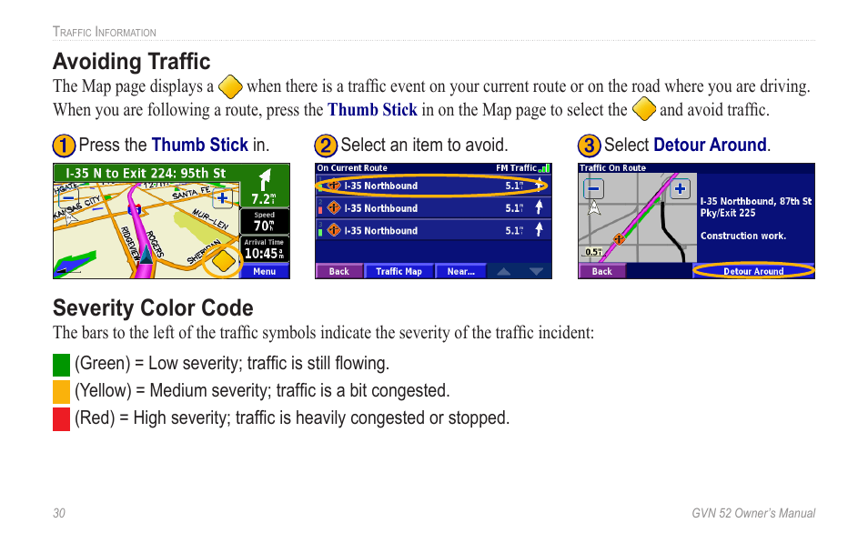 Avoiding traffic, Severity color code, Avoiding traffic severity.color.code | Garmin GVN 52 User Manual | Page 36 / 58