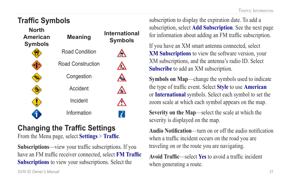 Traffic symbols, Changing the traffic settings, Traffic symbols changing the traffic settings | Garmin GVN 52 User Manual | Page 37 / 58