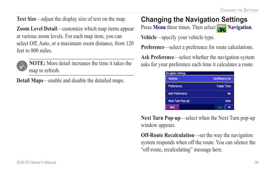 Changing the navigation settings, Changing.the.navigation.settings | Garmin GVN 52 User Manual | Page 45 / 58