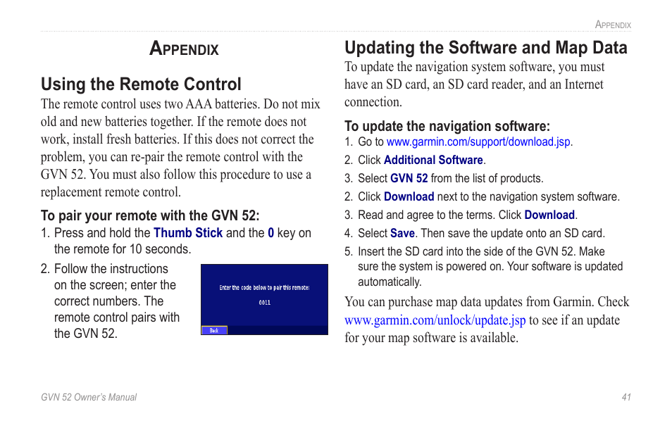 Appendix, Using the remote control, Updating the software and map data | Garmin GVN 52 User Manual | Page 47 / 58