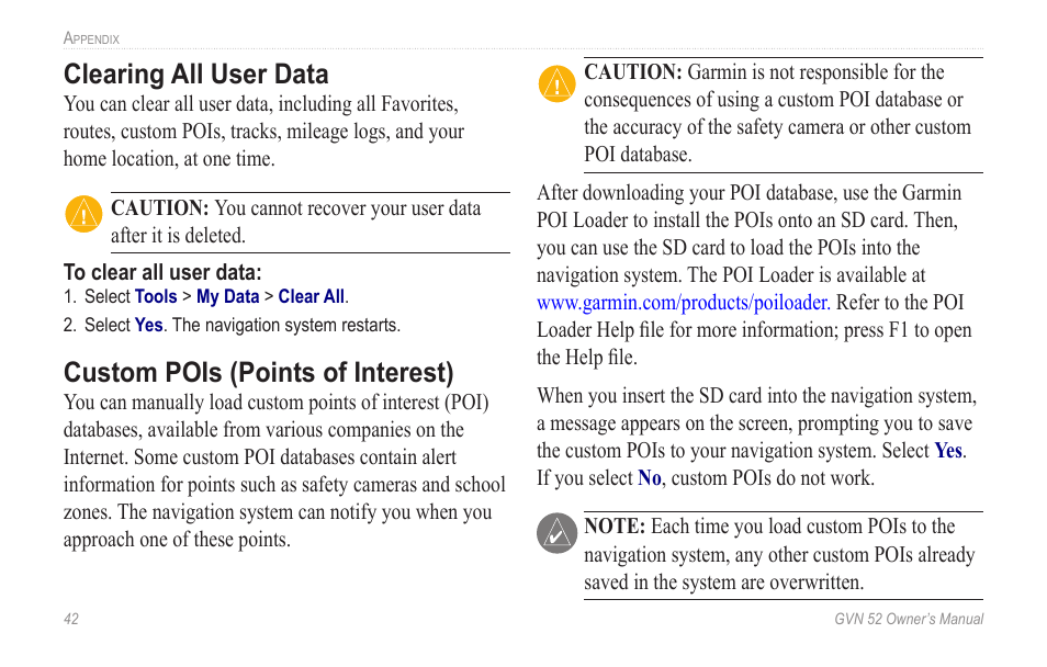 Clearing all user data, Custom pois (points of interest), Custom pois �points of interest | Garmin GVN 52 User Manual | Page 48 / 58