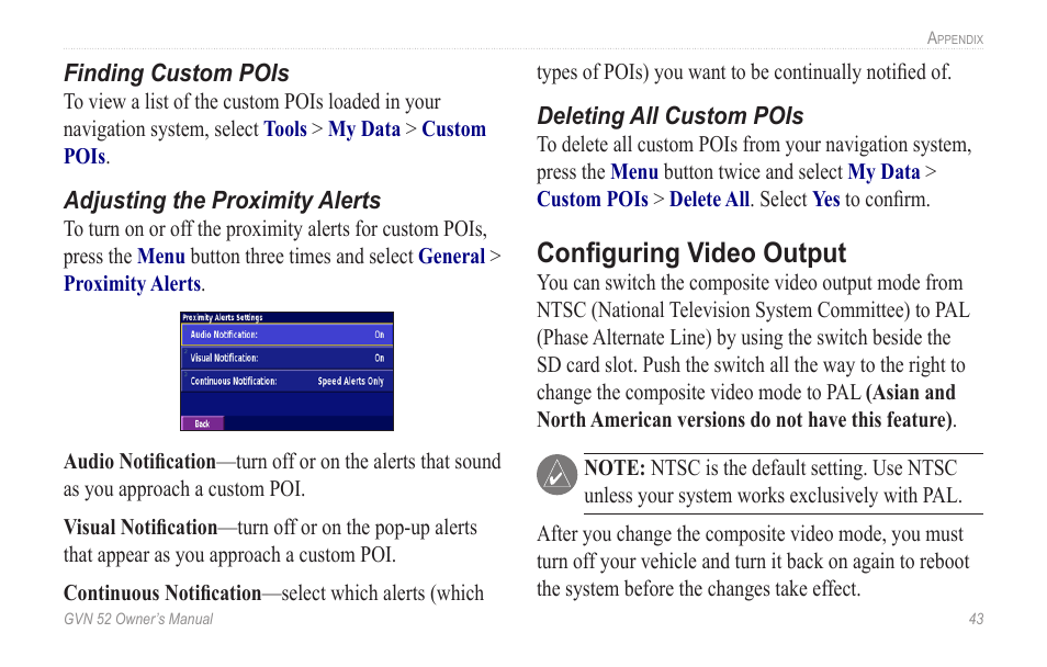 Configuring video output | Garmin GVN 52 User Manual | Page 49 / 58