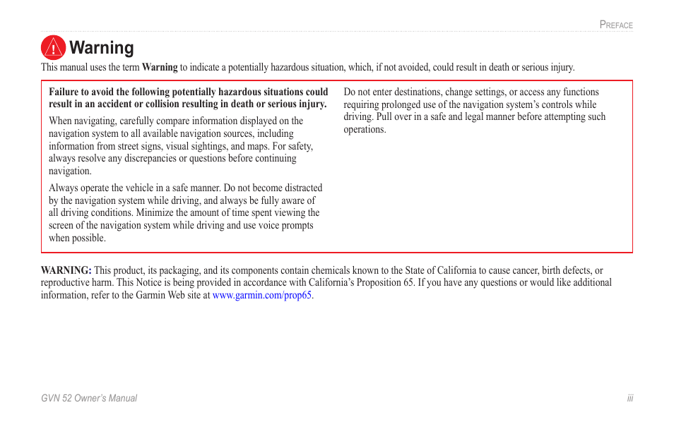 Warning | Garmin GVN 52 User Manual | Page 5 / 58