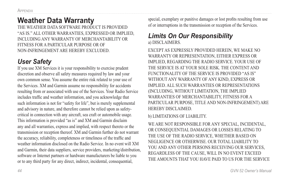 Weather data warranty, Weather.data.warranty, User safety | Limits on our responsibility | Garmin GVN 52 User Manual | Page 50 / 58