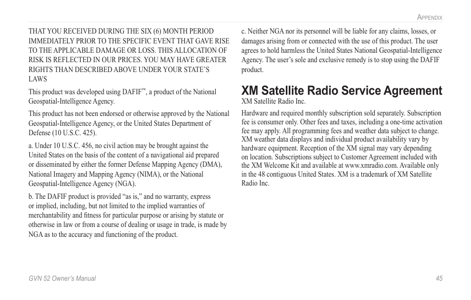 Xm satellite radio service agreement, Xm.satellite.radio.service.agreement | Garmin GVN 52 User Manual | Page 51 / 58