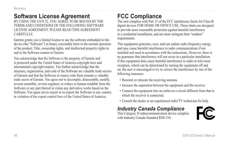 Software license agreement, Fcc compliance, Software.license.agreement fcc.compliance | Industry canada compliance | Garmin GVN 52 User Manual | Page 52 / 58