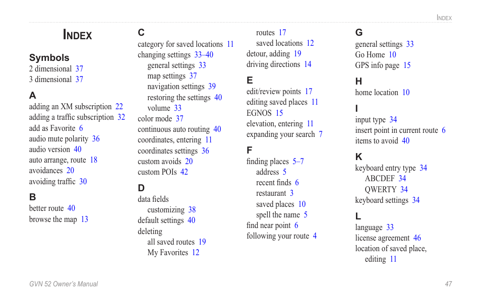 Index | Garmin GVN 52 User Manual | Page 53 / 58