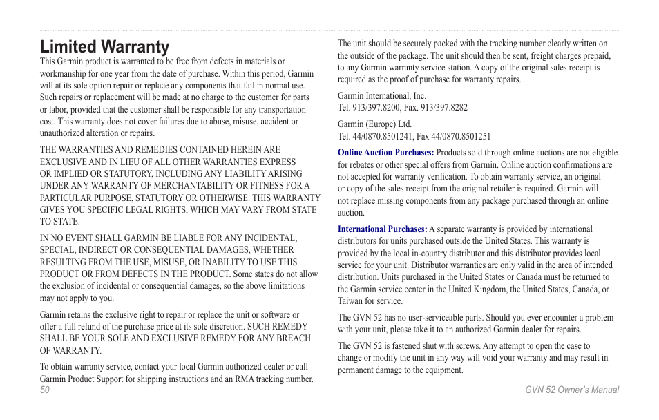 Limited warranty, Limited.warranty | Garmin GVN 52 User Manual | Page 56 / 58