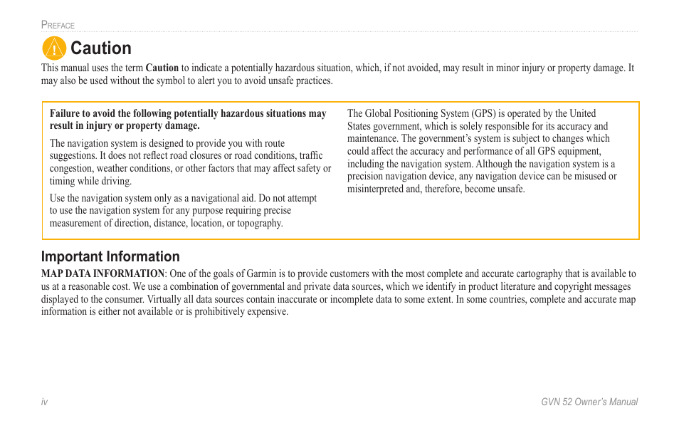 Caution, Important information | Garmin GVN 52 User Manual | Page 6 / 58