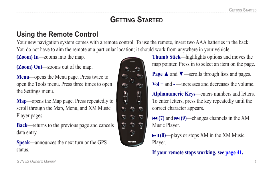 Getting started, Using the remote control, Using.the.remote.control | Etting, Tarted | Garmin GVN 52 User Manual | Page 7 / 58