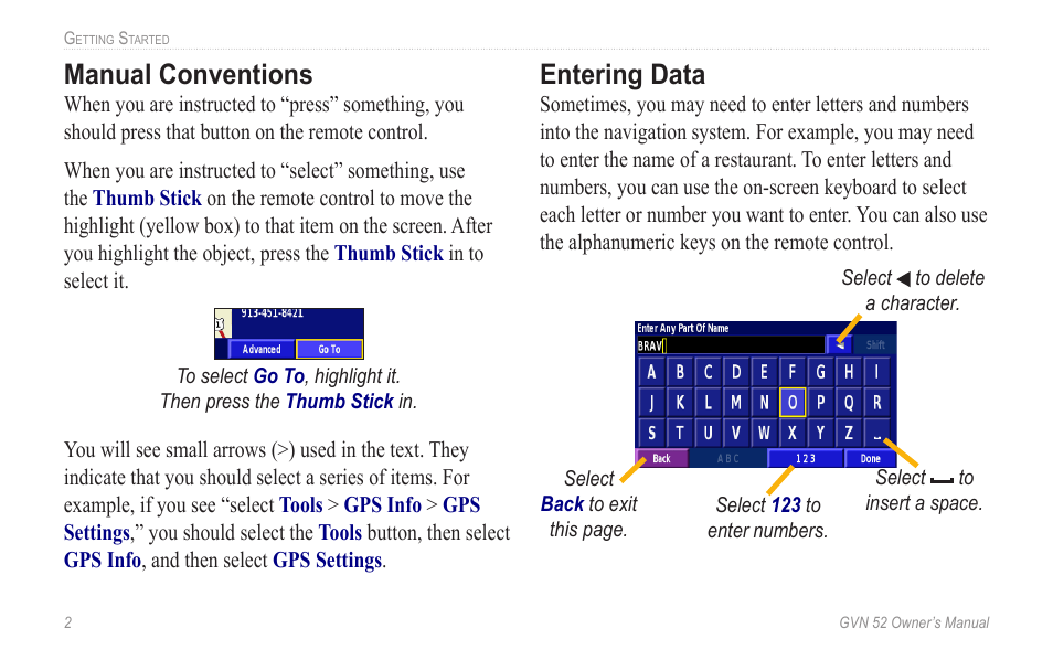 Manual conventions, Entering data, Manual.conventions entering.data | Garmin GVN 52 User Manual | Page 8 / 58