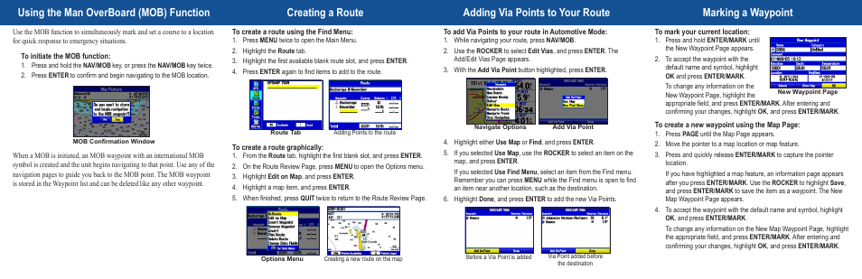 Using the man overboard (mob) function, Creating a route, Adding via points to your route | Marking a waypoint | Garmin GPSMAP 276C User Manual | Page 2 / 2