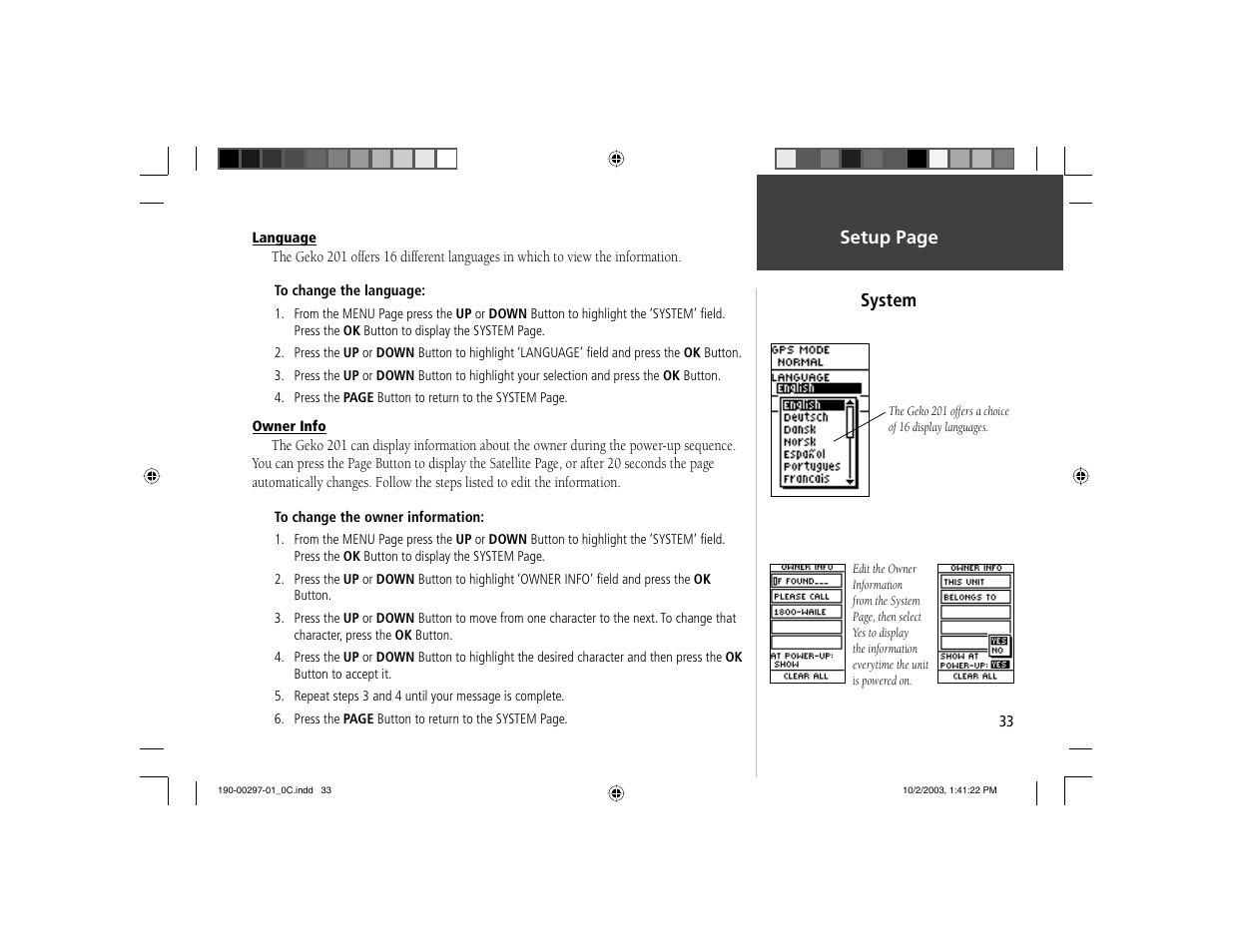 Setup page system | Garmin Geko 201 User Manual | Page 41 / 52