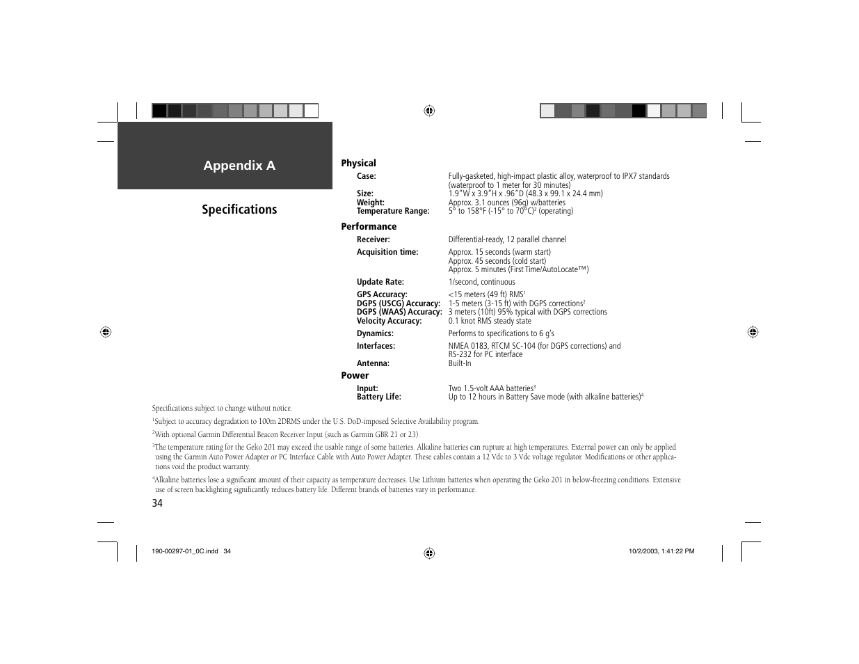 Appendix a speciﬁ cations | Garmin Geko 201 User Manual | Page 42 / 52