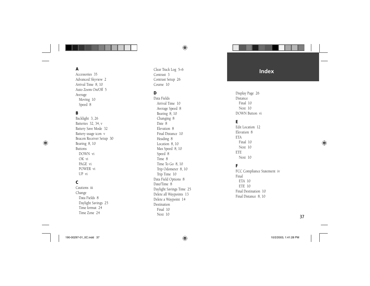 Index | Garmin Geko 201 User Manual | Page 45 / 52