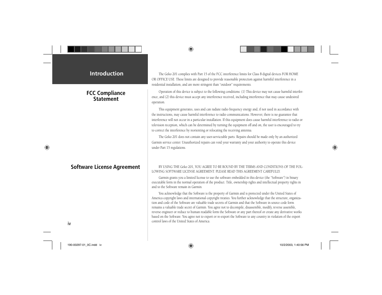 Fcc compliance statement, Introduction software license agreement | Garmin Geko 201 User Manual | Page 6 / 52