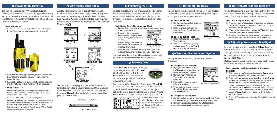 Installing the batteries, Viewing the main pages, Initializing the gps | Entering data, Setting up the radio, Changing the name and symbol, Transmitting with the rino 110, Adjusting volume and backlight | Garmin Rino 110 User Manual | Page 2 / 2