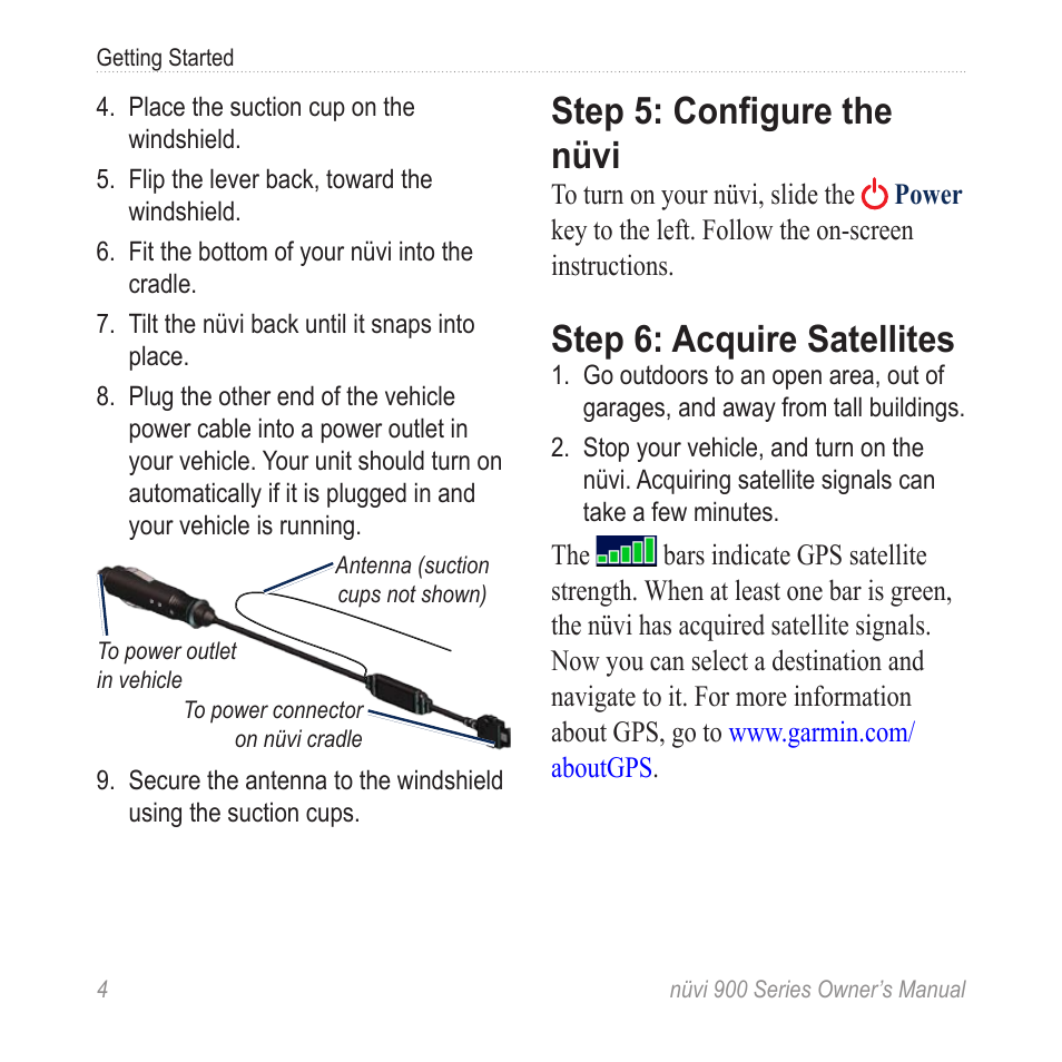 Step 5: configure the nüvi, Step 6: acquire satellites | Garmin nuvi 900T User Manual | Page 10 / 72